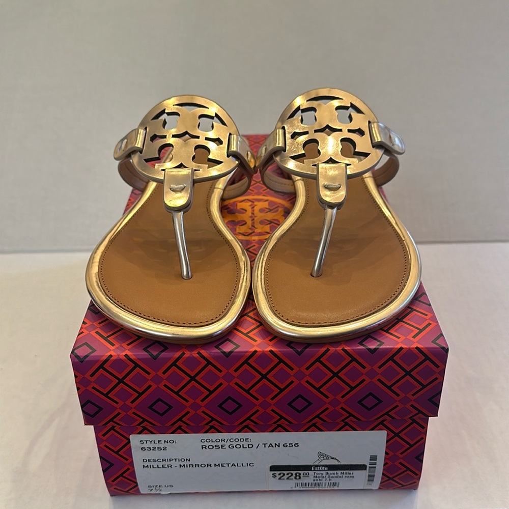 Tory Burch Miller Sandals Rose Gold/ Tan Mirror Metallic Sandals